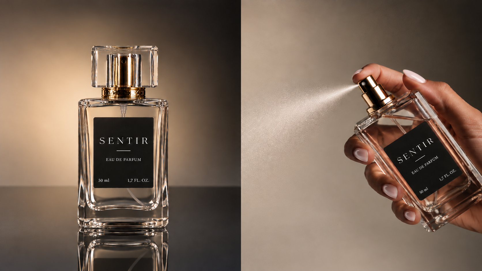 Frasco SENTIR e aplicação do perfume em uma mão